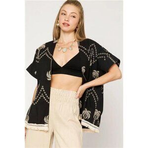 Umgee Open Front‎ Embroidered Fringe Kimono